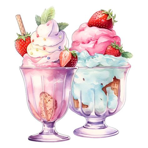 two ice cream sundaes with strawberries on top, one is pink and the ...