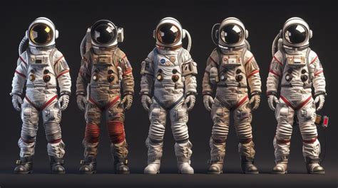 Five astronauts in different variations of space suits standing in a ...