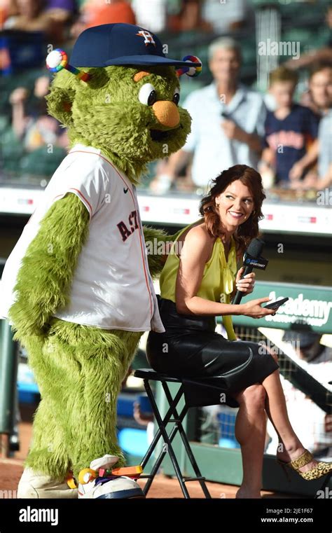 Houston Astros mascot Orbit has some fun with Julia Morales before the ...