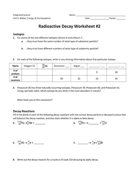 Nuclear Decay Worksheet Answers Key - Wordworksheet.com