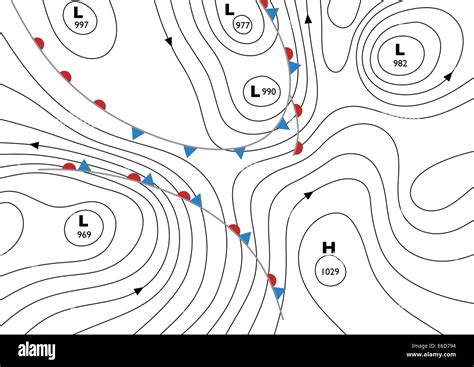 Editable vector illustration of a generic weather map showing isobars ...