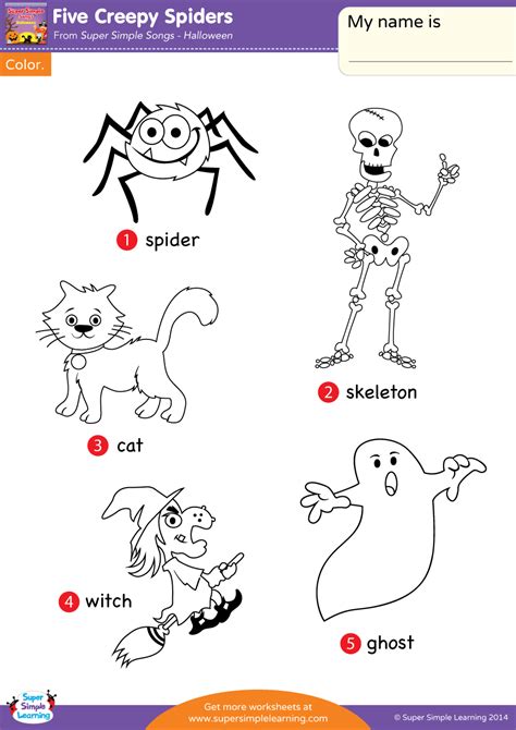 Five Creepy Spiders Worksheet - Vocabulary Coloring - Super Simple