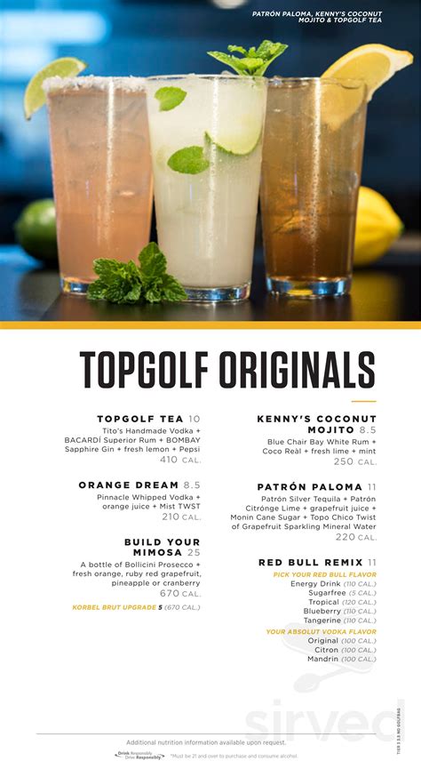 Topgolf menu in Augusta, Georgia, USA