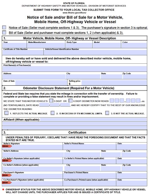 Free Florida Dmv Bill Of Form For Motor Vehicle Trailer Or Boat Pdf