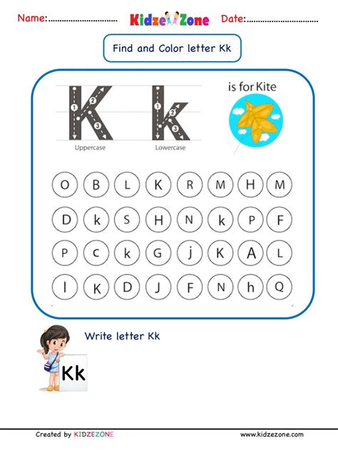 Kindergarten Letter K worksheets - Find and Color - KidzeZone