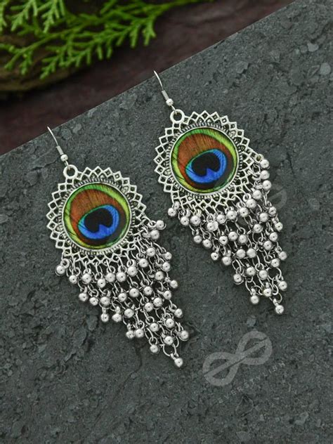 The Peacock Feather Jhallars - Oxidised Boho Earrings