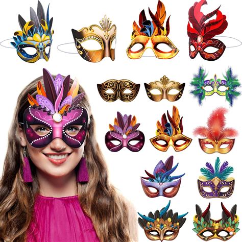 24 Pieces Mardi Gras Masks Carnival Parade Faux Feather Face Masks ...