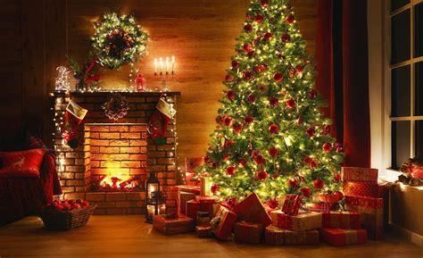 Christmas interior, winter, magic, cozy, room, fireplace, balls, desigh ...