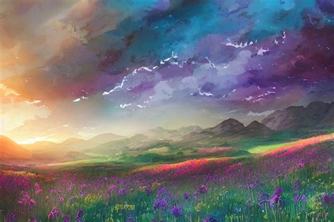 Premium Photo | Sunrise in the spring mountains color illustration