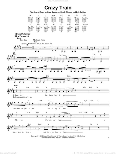 Ozzy Osbourne Crazy Train Sheet Music Notes, Chords Download Printable ...