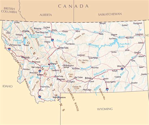 Large map of Montana state with roads, highways, relief and major ...