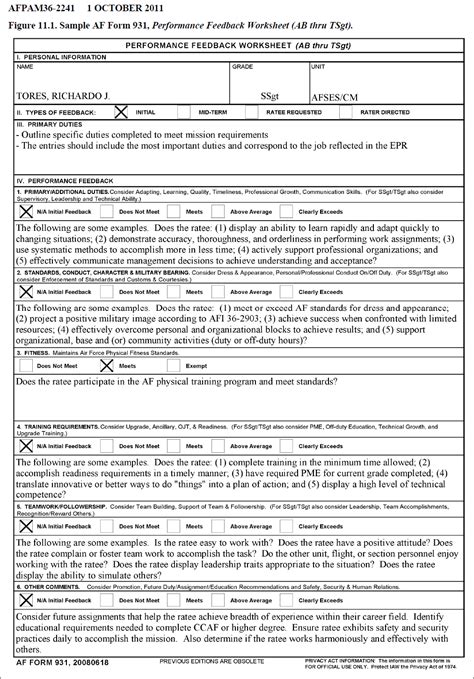 AF Form 931 Initial Feedback Example