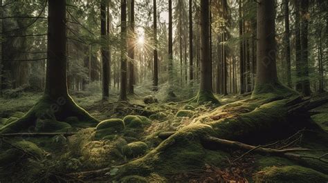 Forest Scene With Mossy Trees And Sunlight Background, Royalty Free ...