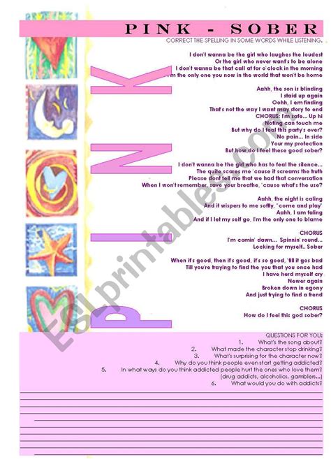 pink-sober-lyrics and discussion - ESL worksheet by anitarobi