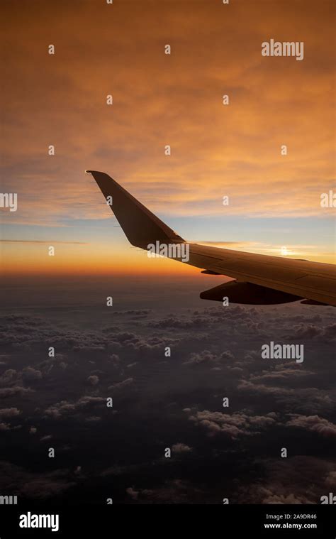 airplane wing during sunrise above the clouds Stock Photo - Alamy