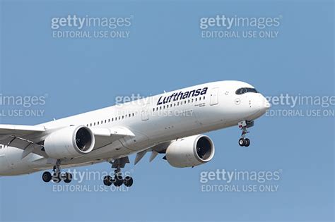 View of the nose and cockpit of a Lufthansa German Airlines Airbus A359 ...