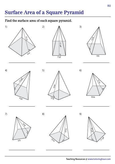 Surface Area of a Square Pyramid Worksheets