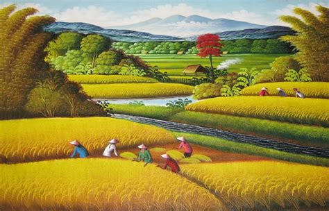 Harvest Time in the Golden Fields - Oil and Canvas - Paintings & Prints ...