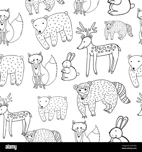 Kids drawing of animals - seamless pattern. Doodle coloring page for ...