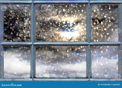 Falling Snow Outside the Window. Stock Photo - Image of season, window ...