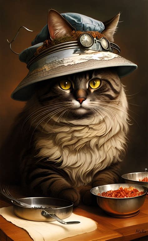 a painting of a cat wearing a hat and sitting on a table next to bowls ...