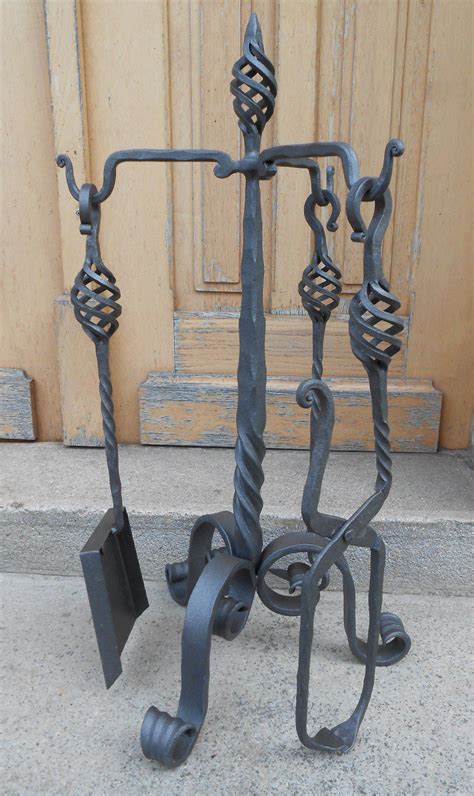 Hand Forged Fireplace Tools Set Wrought Iron Handmade 4 Pieces Stove S ...