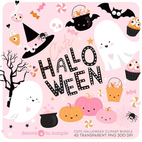 Cute Pink Halloween Clipart Set Transparent Background PNG - Etsy