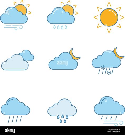 Weather forecast color icons set. Partly cloudy and windy weather ...