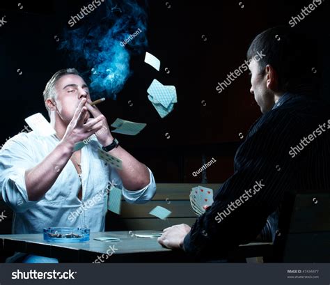 Two Gamblers With Cards Smoking And Drinking, Throwing Cards. Stock ...