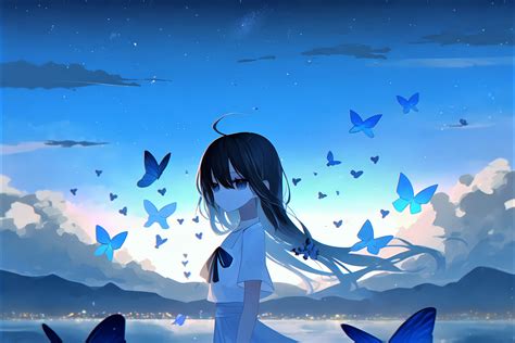 Sad girl Wallpaper 4K, Anime girl, Mood, Butterflies