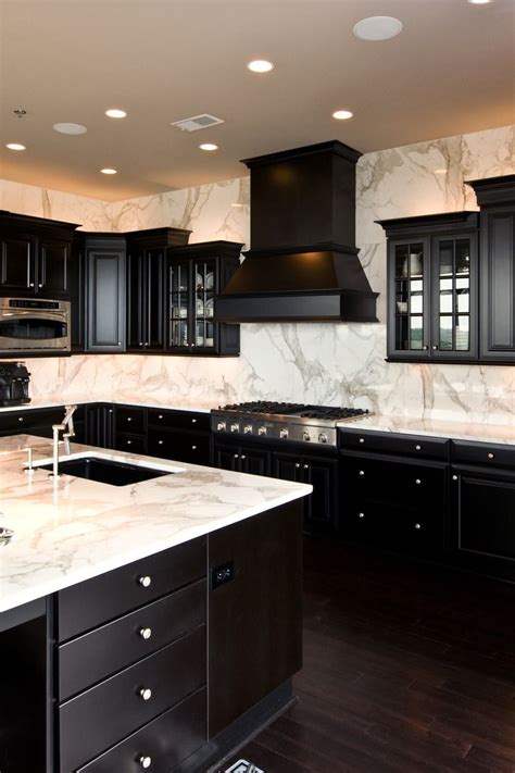 Dark Black Cabinets with White Carrara Marble Countertops