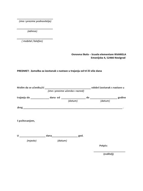 Obrazac Zamolbe Roditelja Za Izostanak Ucenika S Nastave - (5) | PDF