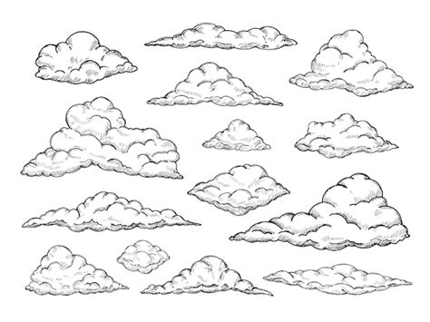 Bosquejo de nubes. Dibujado a mano cielo cloudscape. Esquema de dibujo ...