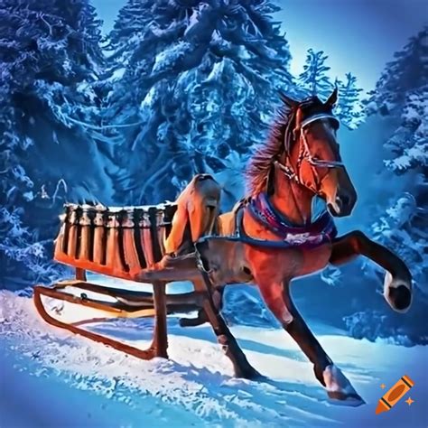 Horse pulling a sled in the snow with bells on Craiyon