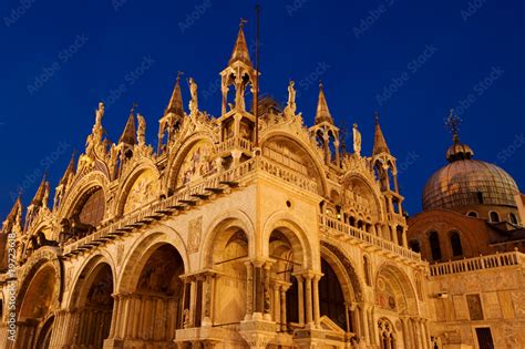 Basilica di San Marco illuminated at night on Piazza San Marco Stock ...