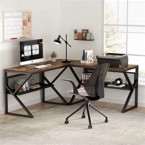 L Shaped Computer Desk With Open Storage Shelves Two Person Large ...