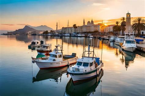 Premium AI Image | boats in the harbor at sunset