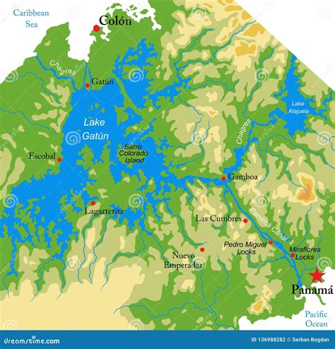 Panama Canal physical map stock vector. Illustration of miraflores ...