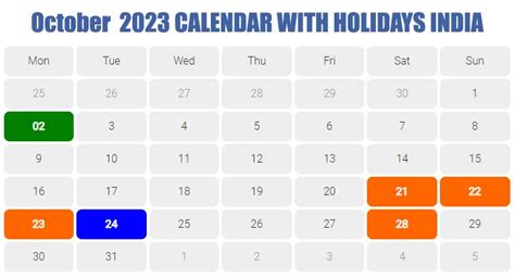 October 2023 Calendar India - Get Calender 2023 Update