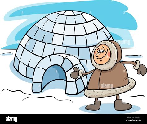 Cartoon Illustration of Funny Eskimo or Lapp Man with his Igloo House ...