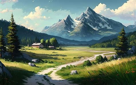 Mountains, spruces, ai art, road, meadow, HD wallpaper | Peakpx