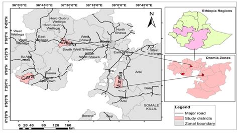 Map of Ethiopia showing the Oromia Region, zones and districts of the ...