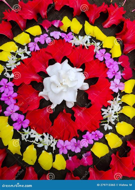 Onam pookalam stock image. Image of yellow, leaf, pink - 279713365