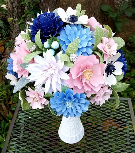 Paper Flower Bouquet - Pink, White and Navy | Paper flowers, Paper ...