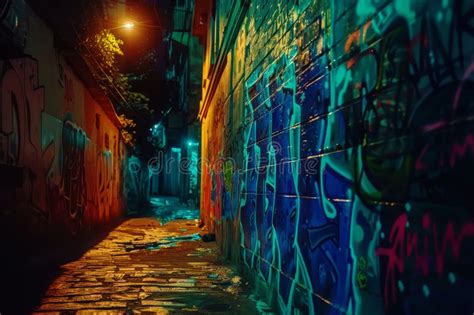 Dark Alleyway with Walls Covered in Graffiti Art Stock Image - Image of ...