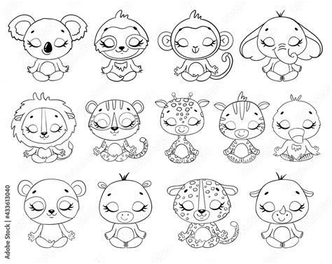 Doodle line cute cartoon animals meditate. Tropical jungle animals yoga ...