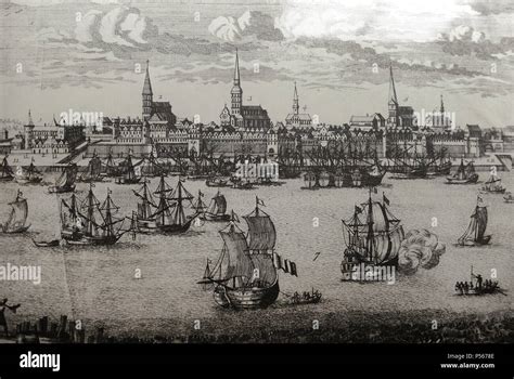 History. Modern Age. Latvia. Riga. Puerto. 17th century. Engraving ...