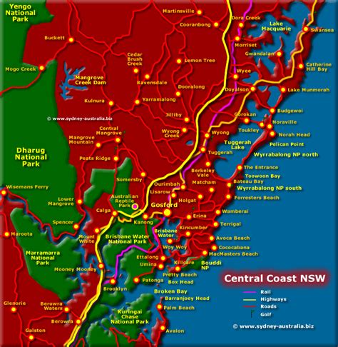 Central Coast Map, NSW Beaches, National Parks, Towns