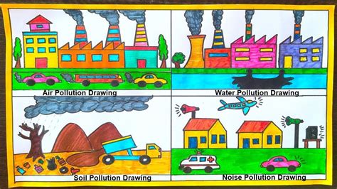 pollution drawing (air - water - noise - land pollution) - easy steps ...