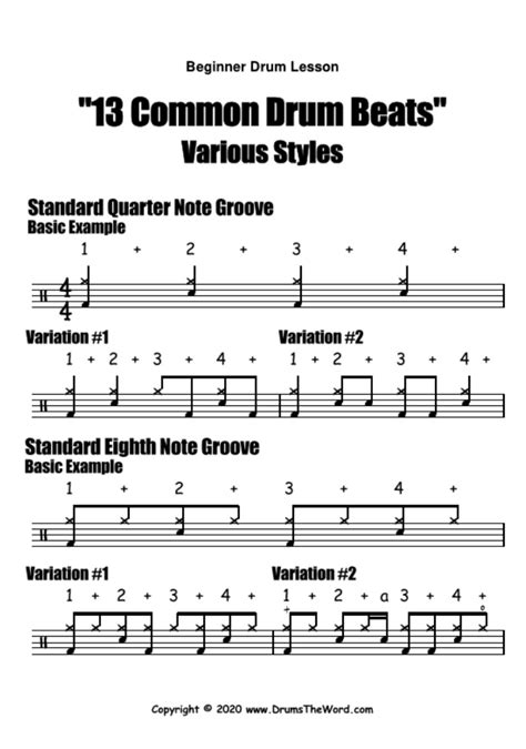 "13 Essential & Common Drum Beats" Free Beginner Video Drum Lesson ...